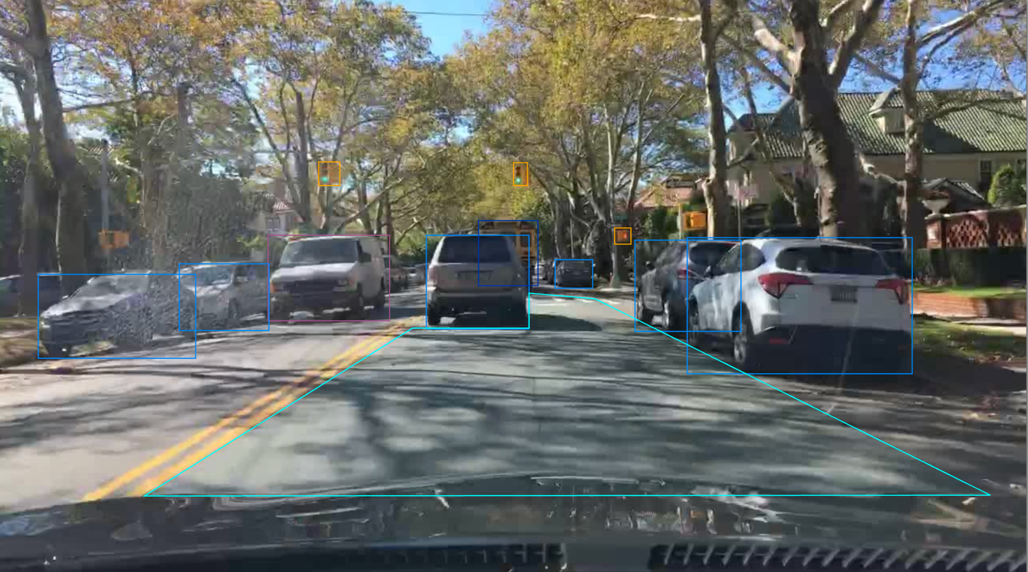 Annotated road scene showing computer vision data labels